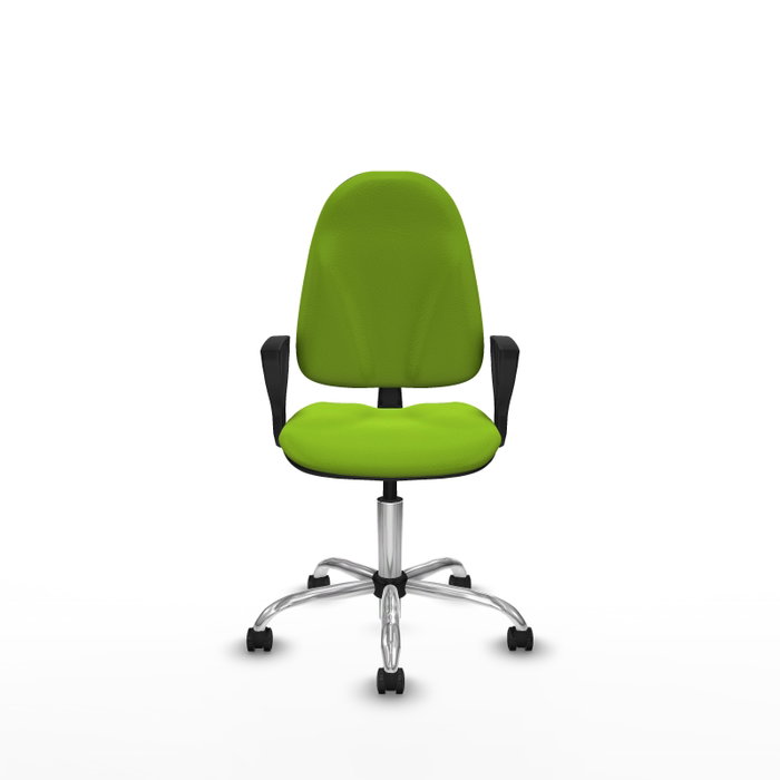 Chaise de bureau Algarra avec mécanisme de contact permanent de base, rembourrée en simili cuir couleur pistache. Équipée d'une base chromée, d'accoudoirs fixes et de roulettes autobloquantes