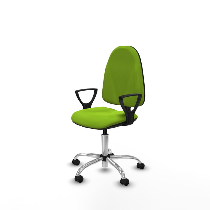 Chaise de bureau Algarra avec mécanisme de contact permanent de base, rembourrée en simili cuir couleur pistache. Équipée d'une base chromée, d'accoudoirs fixes et de roulettes autobloquantes
