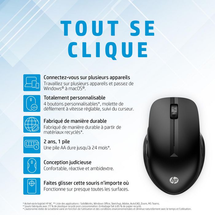 HP Souris sans fil 430 - Souris ergonomique multi-périphériques avec capteur multi-surface, boutons programmables et autonomie 24 mois