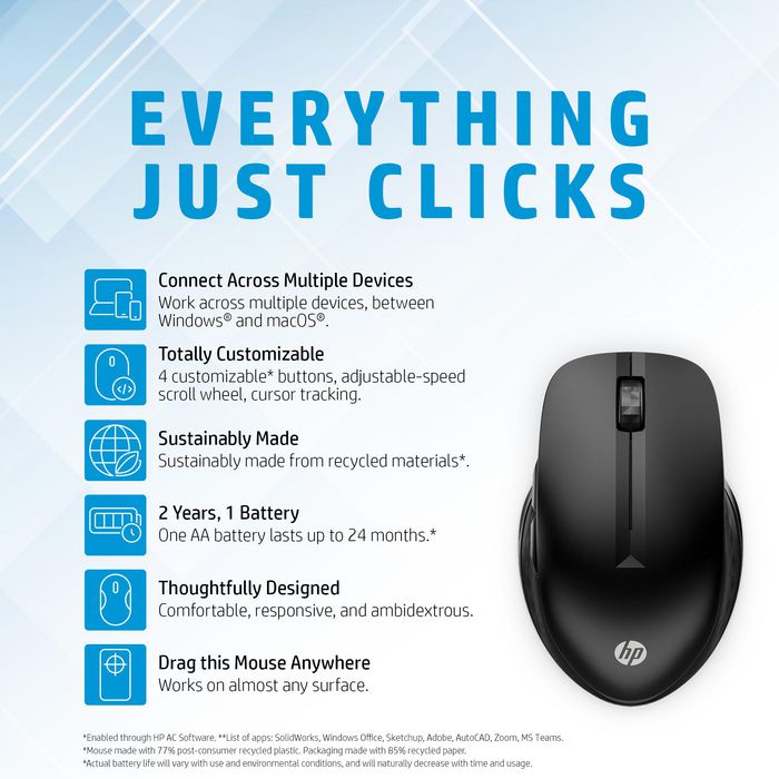 HP Souris sans fil 430 - Souris ergonomique multi-périphériques avec capteur multi-surface, boutons programmables et autonomie 24 mois