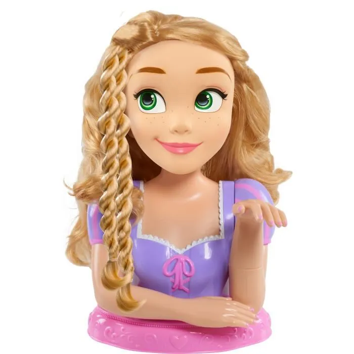 Disney Tête à coiffer Deluxe Raiponce avec 12 accessoires, cheveux longs blonds, faux flacon de vernis et guide de coiffures pour enfant 3 ans et plus
