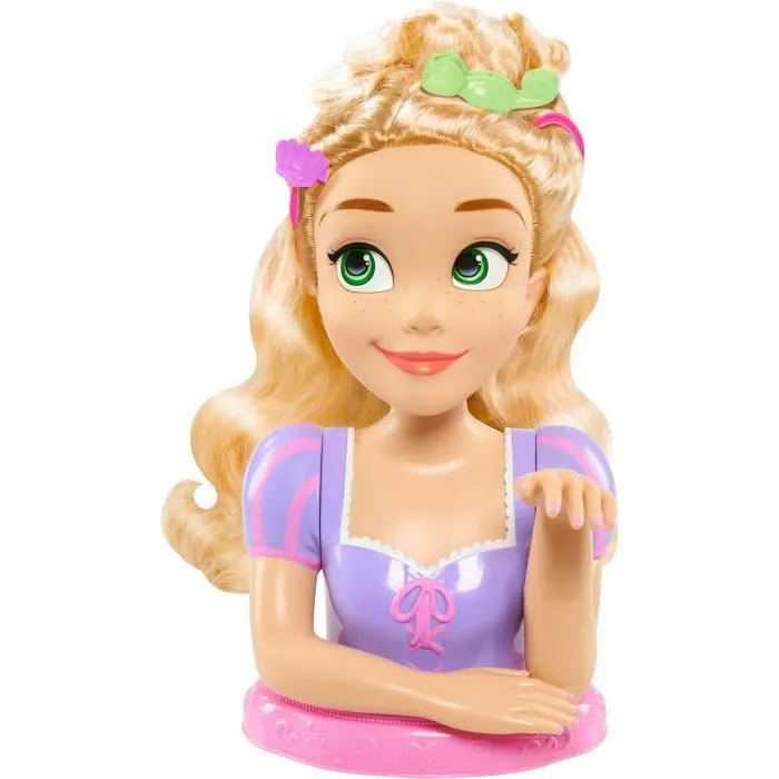 Disney Tête à coiffer Deluxe Raiponce avec 12 accessoires, cheveux longs blonds, faux flacon de vernis et guide de coiffures pour enfant 3 ans et plus