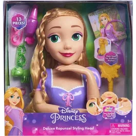 Disney Tête à coiffer Deluxe Raiponce avec 12 accessoires, cheveux longs blonds, faux flacon de vernis et guide de coiffures pour enfant 3 ans et plus