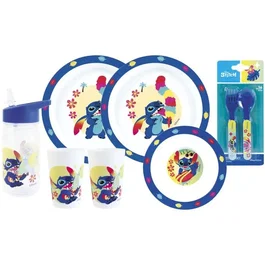 Fun House - Vaisselle Disney Lilo et Stitch - Lot avec 2 Verres, 2 Assiettes Plates Ø22cm, Assiette Creuse Ø16cm, Couverts et Gourde 350ml