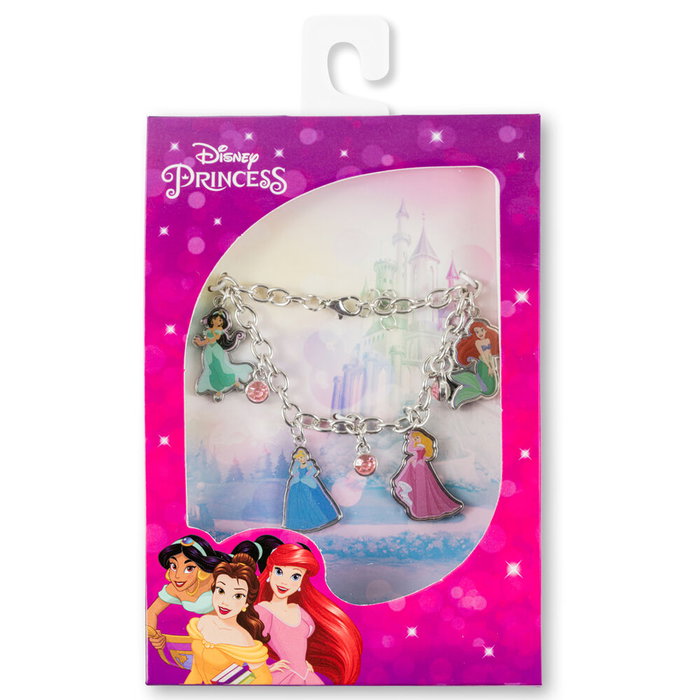 Disney Bracelet Princesses en Argent avec Charmes - Ariel, Blanche-Neige, Aurore et Jasmine - Bracelet Porte-bonheur