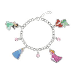 Disney Bracelet Princesses en Argent avec Charmes - Ariel, Blanche-Neige, Aurore et Jasmine - Bracelet Porte-bonheur