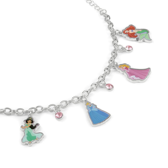 Disney Bracelet Princesses en Argent avec Charmes - Ariel, Blanche-Neige, Aurore et Jasmine - Bracelet Porte-bonheur