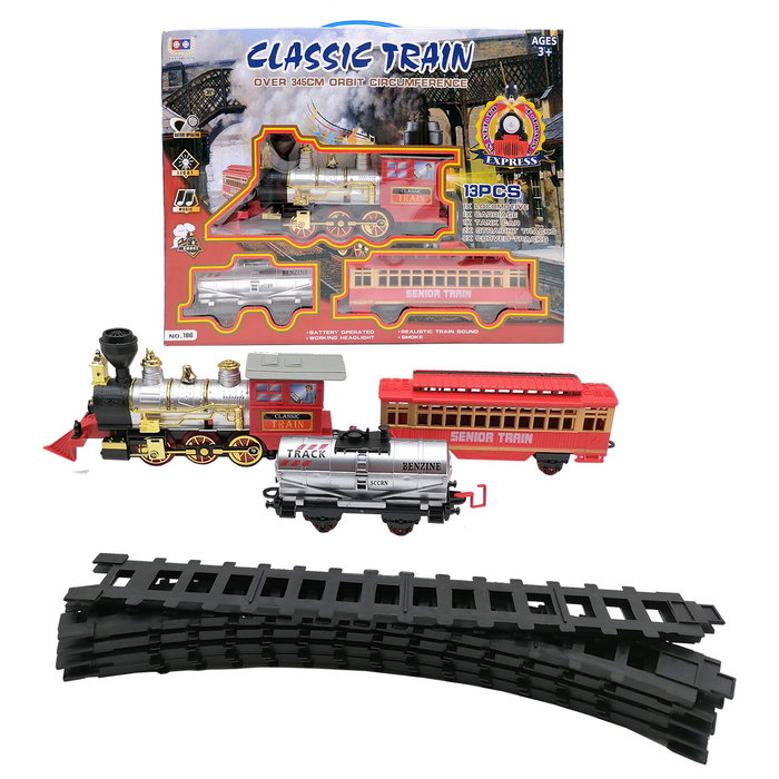 Tachan Train Electrique Classique avec Lumière, Fumée et Son - Circuit de 13 Pièces - Jouet Educatif pour Motricité Fine et Vision Spatiale - À partir de 3 ans