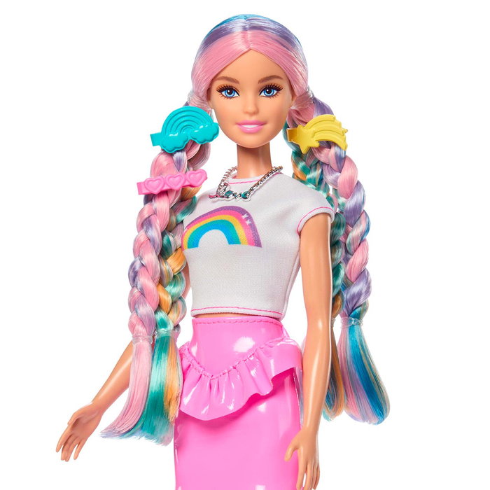 Barbie Poupée Barbie Cheveux Arc-en-ciel Brillant avec 12 Accessoires de Coiffure, Réf. Jjp07 Mattel