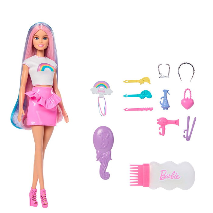 Barbie Poupée Barbie Cheveux Arc-en-ciel Brillant avec 12 Accessoires de Coiffure, Réf. Jjp07 Mattel