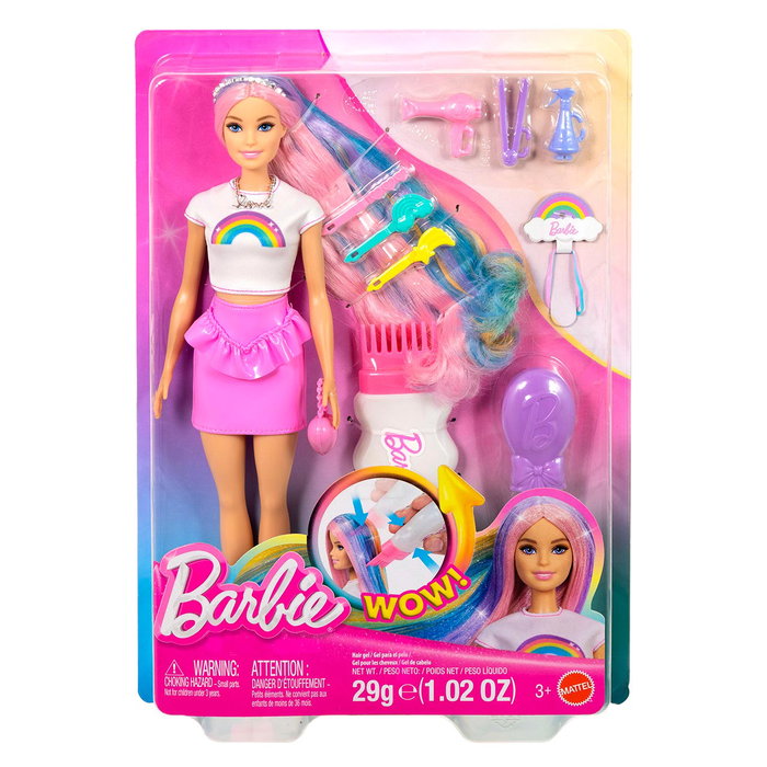Barbie Poupée Barbie Cheveux Arc-en-ciel Brillant avec 12 Accessoires de Coiffure, Réf. Jjp07 Mattel
