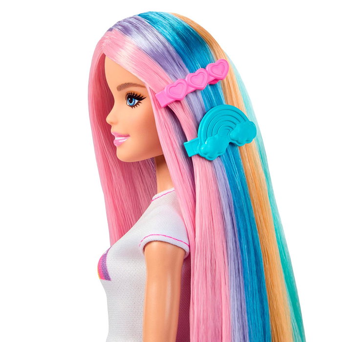 Barbie Poupée Barbie Cheveux Arc-en-ciel Brillant avec 12 Accessoires de Coiffure, Réf. Jjp07 Mattel