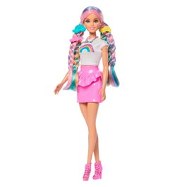 Barbie Poupée Barbie Cheveux Arc-en-ciel Brillant avec 12 Accessoires de Coiffure, Réf. Jjp07 Mattel