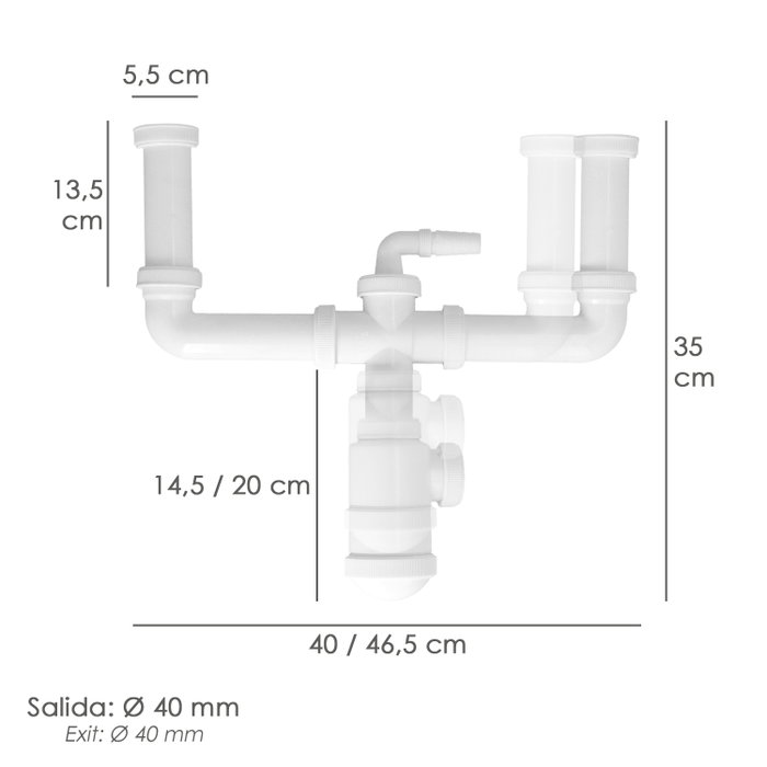 ABRISA Siphon Double Extensible avec Double Évacuation, Sortie 1 1/2 pouce et Ø 40 mm