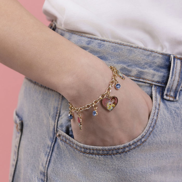 PEERS HARDY Bracelet Charm Princesses Disney - Chaîne Dorée avec Pendentifs Émaillés de Bella, la Rose et Chip
