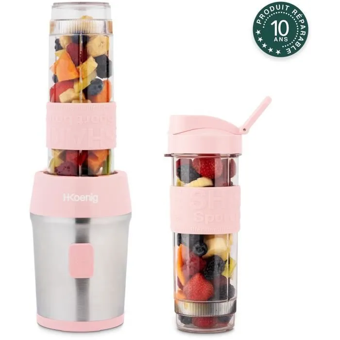 H.Koenig SMOO12 Mini Blender 300 W - 570 mL - Rose Pastel - Avec 2 Gourdes Incluses - Sans BPA - Corps Acier Inoxydable
