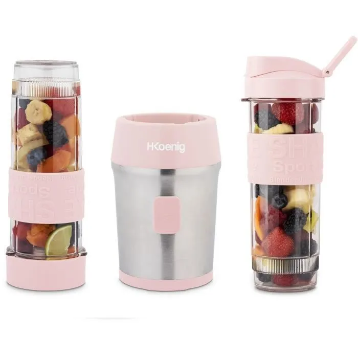 H.Koenig SMOO12 Mini Blender 300 W - 570 mL - Rose Pastel - Avec 2 Gourdes Incluses - Sans BPA - Corps Acier Inoxydable