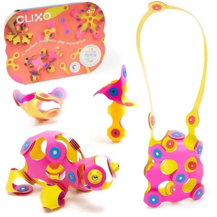 Gipsy Toys Clixo - Jeu de construction magnétique flexible et créatif - 30 pièces rose et jaune - À partir de 4 ans