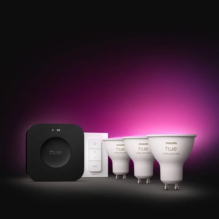 Philips Hue Kit de démarrage avec Bridge Pro, 3 spots GU10 et variateur Philips Hue Kit de démarrage avec Bridge Pro, 3 spots GU10 et variateur
