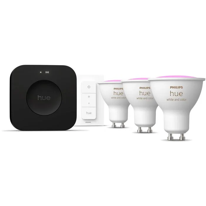 Philips Hue Kit de démarrage avec Bridge Pro, 3 spots GU10 et variateur Philips Hue Kit de démarrage avec Bridge Pro, 3 spots GU10 et variateur