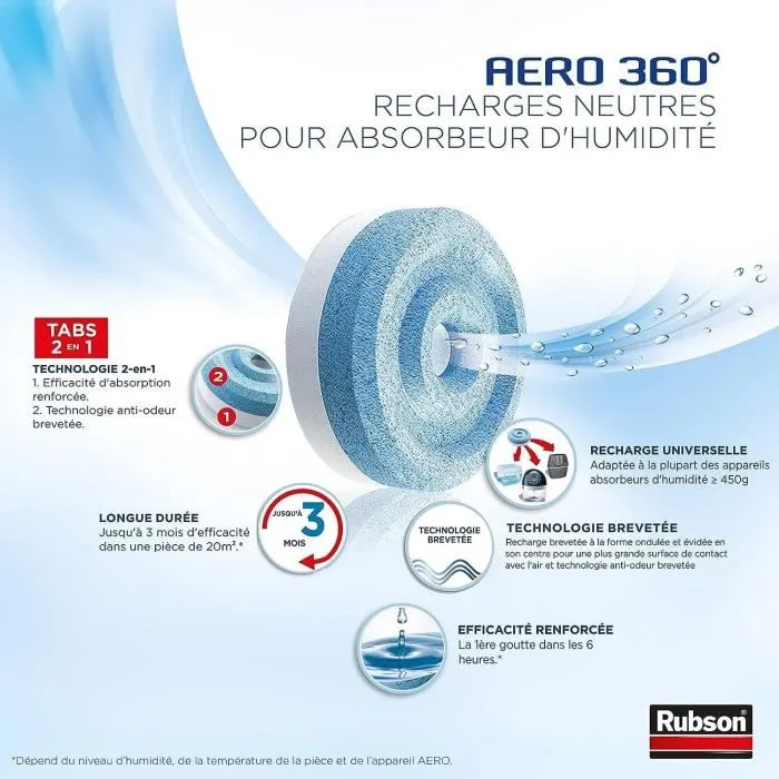 Rubson Recharge Aero 360 Neutre pour absorbeur d'humidité - Lot de 12 recharges de 450g, filtre à charbon actif