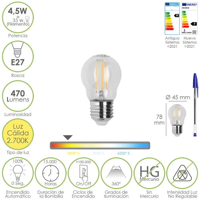 MAURER Ampoule LED Filament Globe E27 4,5W MAURER Ampoule LED Filament Globe E27 4,5W