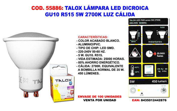 TALOX Ampoule LED Dichroïque GU10 5W 2700K Lumière Chaude TALOX Ampoule LED Dichroïque GU10 5W 2700K Lumière Chaude