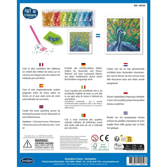 Sentosphere - Kit Création à Diamanter et Strass sur Canevas - Motif Paon - Activité Artistique Anti-Stress - À Partir de 8 Ans