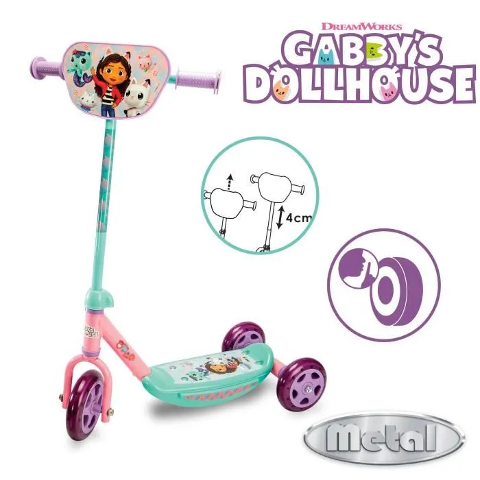 Smoby Trottinette 3 Roues Gabby et la Maison Magique - Guidon Hauteur Réglable 67-70 cm - Plateau Antidérapant - En Métal - Pour Enfant Dès 3 Ans (20 kg max)