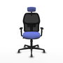 Chaise Alfera Synchro 4 positions tissu Bleu clair Maille Noir Base en nylon noir Accoudoir 1D Appui-tête 2D Roulettes 65mm pour moquette