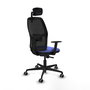 Chaise Alfera Synchro 4 positions tissu Bleu clair Maille Noir Base en nylon noir Accoudoir 1D Appui-tête 2D Roulettes 65mm pour moquette