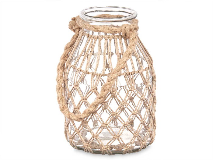 Giftdecor Porte-bougie en Verre et Corde naturelle Transparent 17x25x17 cm (Set de 4)