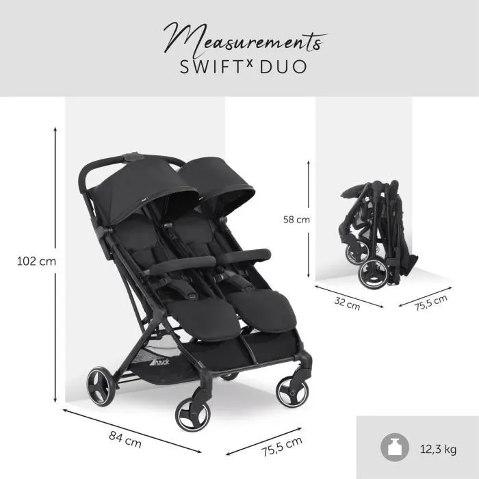 Hauck Swift X Duo Poussette double légère pour jumeaux/enfants rapprochés, pliage une main, sièges inclinables indépendants, 4 roues, Noir