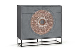 Console GINER Y COLOMER en Bois de Manguier avec Pieds en Métal Gris et Marron, 2 Tiroirs et 2 Portes, Détails Sculptés Main, Dimensions : Largeur 56 cm