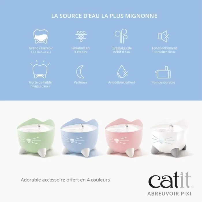 Cat It PIXI Fontaine à Eau Automatique pour Chat avec Filtre, 2.5L, Vert - Source d'Eau Fraîche Continue pour Prévention des Maladies Urinaires