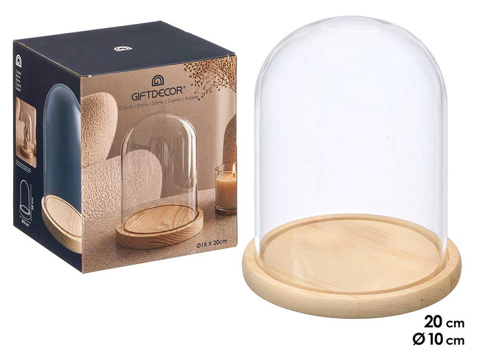 GIFTDECOR Cloche Décorative avec Base en Bois Naturel et Cristal, 20cm de Haut GIFTDECOR Cloche Décorative avec Base en Bois Naturel et Cristal, 20cm de Haut