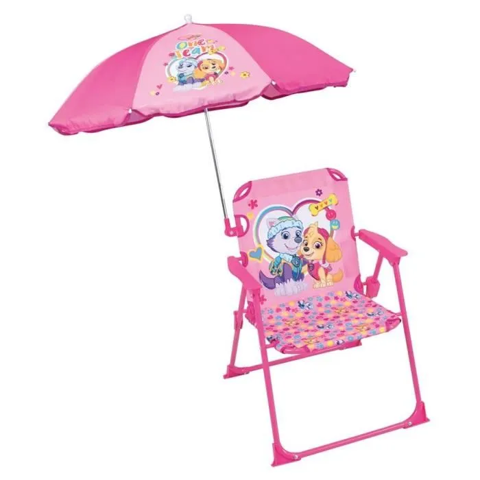 Fun House Chaise Pliante de Camping Enfant Pat Patrouille Stella et Everest avec Parasol Ø 65 cm, Gamme Plush, Rose, Dimensions 53 x 39 x 39 cm