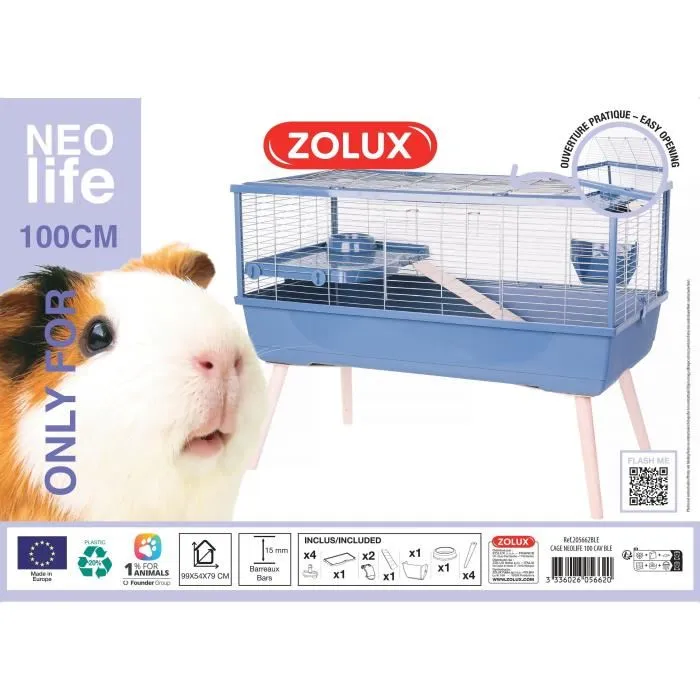 Zolux Néolife Cage Grillagée Surélevée pour Cochon d'Inde et Rongeurs, 99 x 54 x 79 cm, Bleu