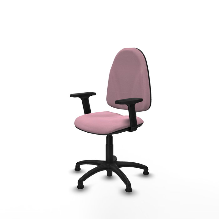 Chaise de bureau Algarra avec mécanisme de contact permanent de base, recouverte de tissu rose. Équipée d'une base en polyamide noir, d'accoudoirs 2D et de butées Chaise de bureau Algarra avec mécanisme de contact permanent de base, recouverte de tissu rose. Équipée d'une base en polyamide noir, d'accoudoirs 2D et de butées