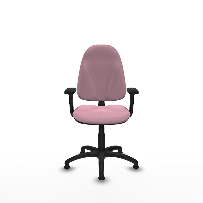 Chaise de bureau Algarra avec mécanisme de contact permanent de base, recouverte de tissu rose. Équipée d'une base en polyamide noir, d'accoudoirs 2D et de butées Chaise de bureau Algarra avec mécanisme de contact permanent de base, recouverte de tissu rose. Équipée d'une base en polyamide noir, d'accoudoirs 2D et de butées