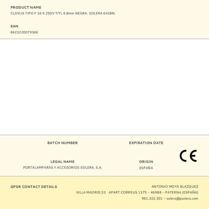 Solera Fiche Schuko 16A 250V 4,8mm noire
