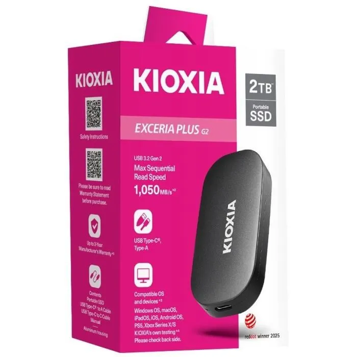 Kioxia EXCERIA Plus G2 Portable SSD Externe 1 TB USB 3.2 Gen 2 / USB 3.2 Gen 1 / USB 2.0