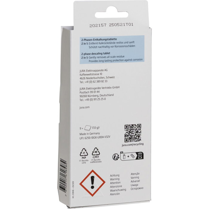 Jura Boîte de 9 Pastilles de Détartrage 2 Phases Sans Phosphates pour Machines à Café Automatiques JURA