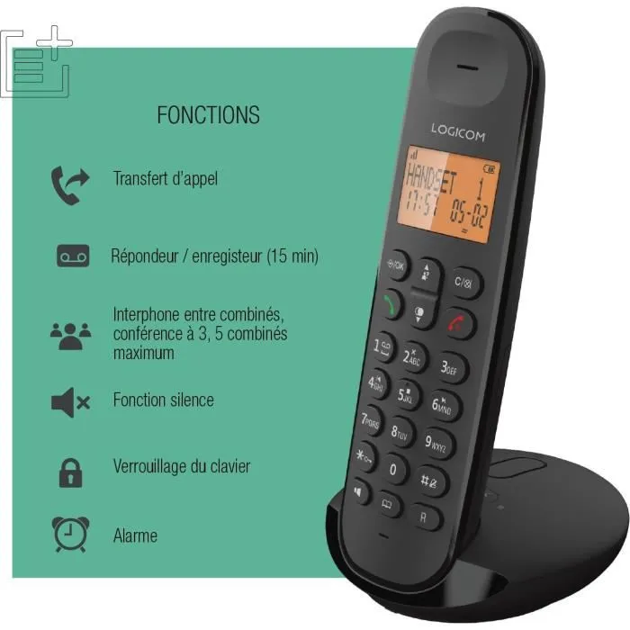 Logicom DECT ILOA 155T SOLO - Téléphone fixe sans fil noir avec répondeur