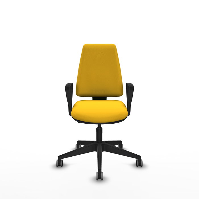 Chaise Elche Asynchrone Cuir écologique Jaune Base pyramidale noire Accoudoirs fixes Sans appui-tête Roulettes 65mm pour moquette