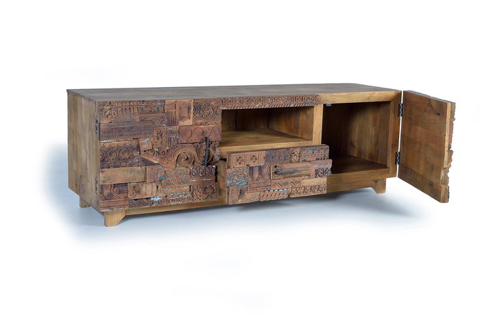GINER Y COLOMER Buffet Télévision en Manguier et Bois Récupéré 2 Portes 1 Tiroir 180x60x50 cm Ton Naturel