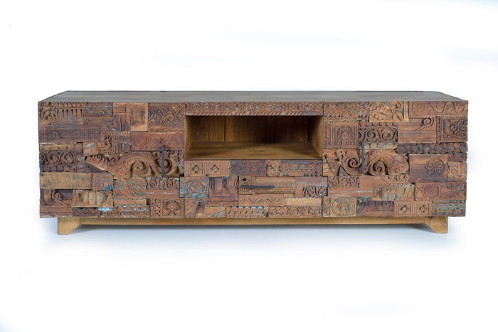 GINER Y COLOMER Buffet Télévision en Manguier et Bois Récupéré 2 Portes 1 Tiroir 180x60x50 cm Ton Naturel