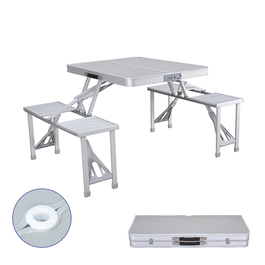 Marbueno 10439 Set de table pliante en aluminium gris avec 4 sièges et trou pour parasol pour camping et plage 136x85x67 cm