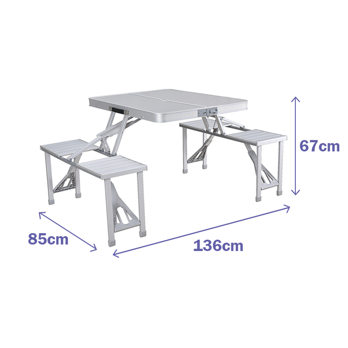 Marbueno 10439 Set de table pliante en aluminium gris avec 4 sièges et trou pour parasol pour camping et plage 136x85x67 cm