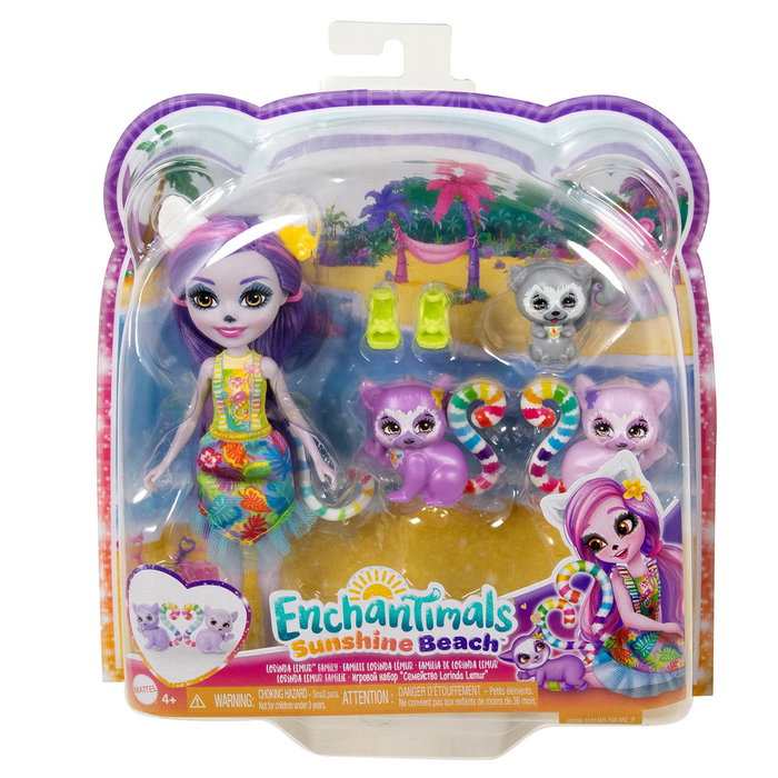 Enchantimals Poupée Lorinda Lemur avec 3 Figurines Lémures et Jouet Animal Ringer - Jeu de Plage Sunshine Island - À Partir de 4 Ans - Réf. Hrx86 Mattel